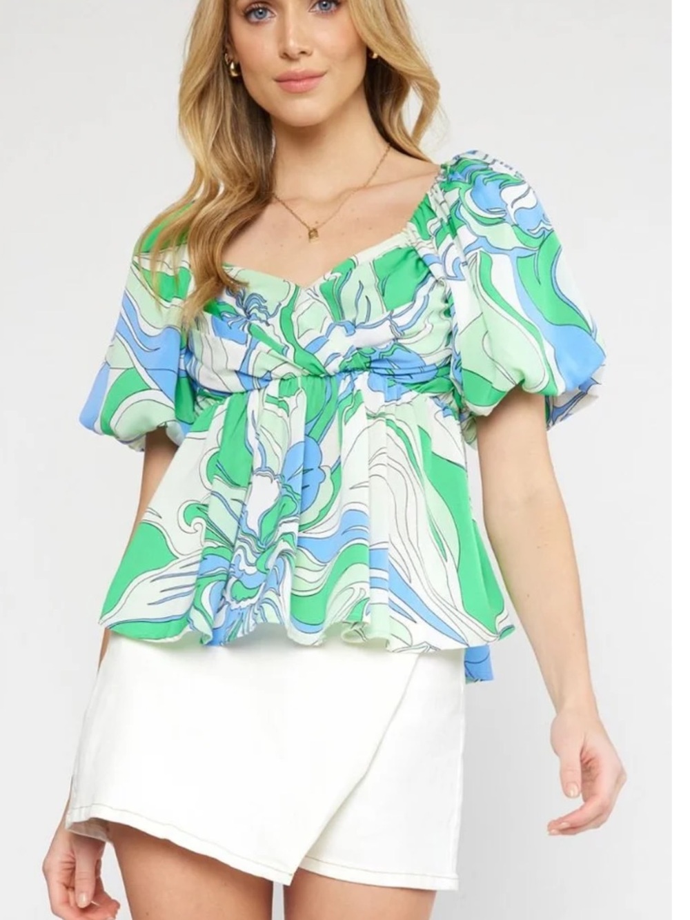 Entro Green Blue Swirl Puff-Sleeve Peplum Top